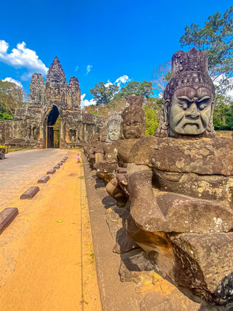 The three-level Mount Bayon Temple, a temple of the Khmer civilization, located on the territory of Angkor in Cambodia.の写真素材