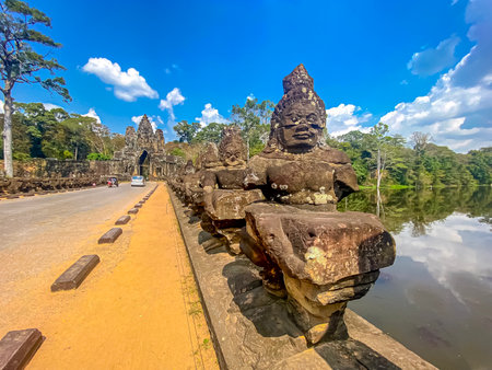 The three-level Mount Bayon Temple, a temple of the Khmer civilization, located on the territory of Angkor in Cambodia.の写真素材