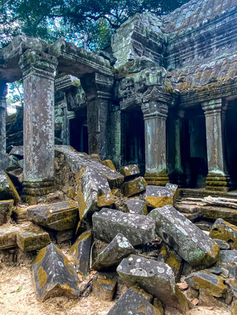 Ta Prohm, a mysterious temple of the Khmer civilization, located on the territory of Angkor in Cambodia.の写真素材