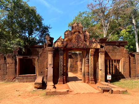 Banteay Srei Temple was built in honor of the god Shiva, a temple of the Khmer civilization, located on the territory of Angkor in Cambodia.の写真素材