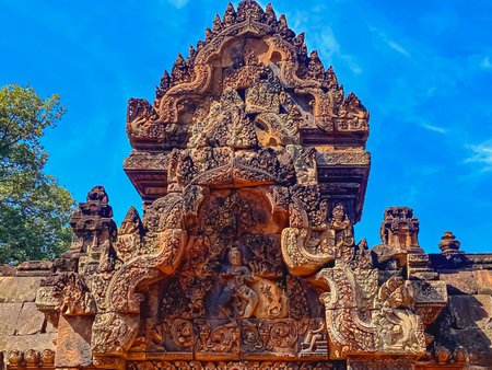 Banteay Srei Temple was built in honor of the god Shiva, a temple of the Khmer civilization, located on the territory of Angkor in Cambodia.の写真素材