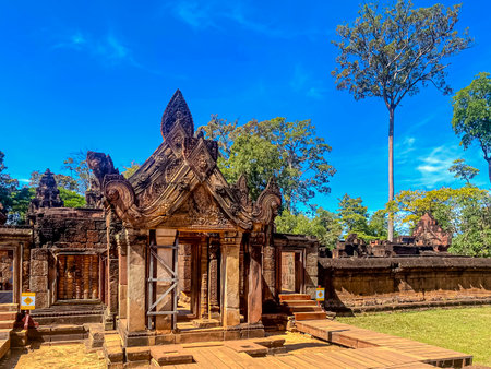 Banteay Srei Temple was built in honor of the god Shiva, a temple of the Khmer civilization, located on the territory of Angkor in Cambodia.の写真素材
