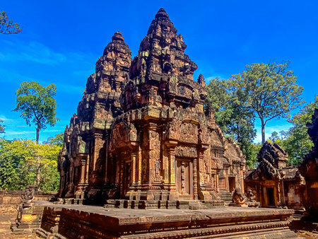 Banteay Srei Temple was built in honor of the god Shiva, a temple of the Khmer civilization, located on the territory of Angkor in Cambodia.の写真素材