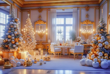 Christmas New Year interior, Christmas tree, decorations and gifts.の素材