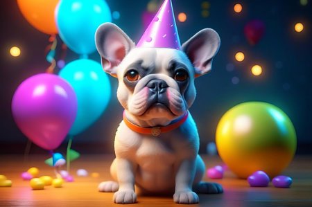 Cute puppy in a party hat on a blue background, cute funny dog celebrating his birthday.の素材