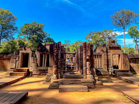 Banteay Srei Temple was built in honor of the god Shiva, a temple of the Khmer civilization, located on the territory of Angkor in Cambodia.の写真素材