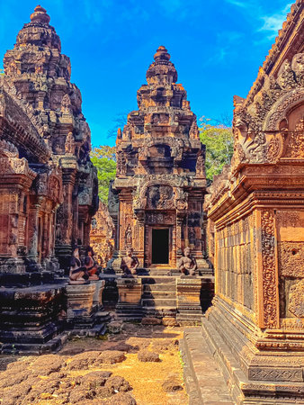 Banteay Srei Temple was built in honor of the god Shiva, a temple of the Khmer civilization, located on the territory of Angkor in Cambodia.の写真素材