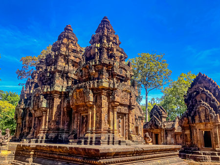 Banteay Srei Temple was built in honor of the god Shiva, a temple of the Khmer civilization, located on the territory of Angkor in Cambodia.の写真素材