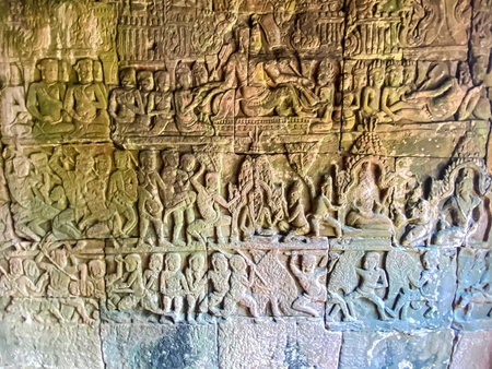 The three-level Mount Bayon Temple, a temple of the Khmer civilization, located on the territory of Angkor in Cambodia.の写真素材