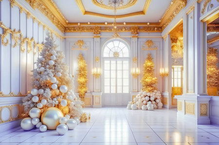 Christmas New Year interior, Christmas tree, decorations and gifts.の素材