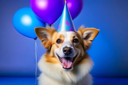 Cute puppy in a party hat on a blue background, cute funny dog celebrating his birthday.の素材