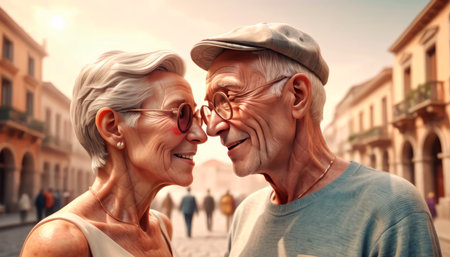Handsome and fashionable seniors travel around Europe, active and happy life.の素材