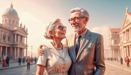 Handsome and fashionable seniors travel around Europe, active and happy life.の素材