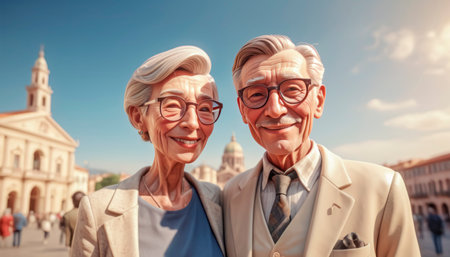 Handsome and fashionable seniors travel around Europe, active and happy life.の素材