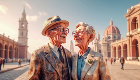 Handsome and fashionable seniors travel around Europe, active and happy life.の素材