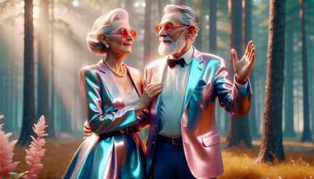 Handsome and fashionable elderly people in bright clothes, active and happy life.の素材