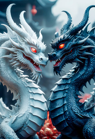 Dragons Yin and Yang, warriors of opposites. Two fantastic Chinese dragons. Year of the Dragon according to the eastern horoscope.の素材