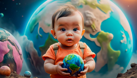 Planet Earth in the children's hands of a beautiful touching baby. The future is in the hands of the younger generation.の素材