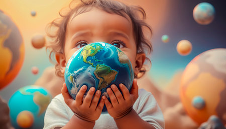 Planet Earth in the children's hands of a beautiful touching baby. The future is in the hands of the younger generation.の素材