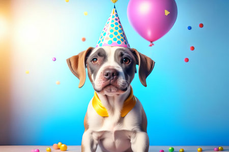 Cute puppy in a party hat on a blue background, cute funny dog celebrating his birthday.の素材