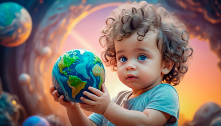 Planet Earth in the children's hands of a beautiful touching baby. The future is in the hands of the younger generation.の素材