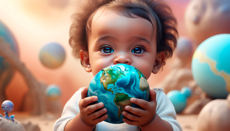 Planet Earth in the children's hands of a beautiful touching baby. The future is in the hands of the younger generation.の素材
