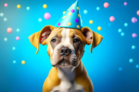 Cute puppy in a party hat on a blue background, cute funny dog celebrating his birthday.の素材