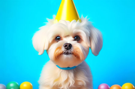 Cute puppy in a party hat on a blue background, cute funny dog celebrating his birthday.の素材