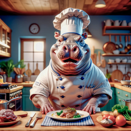 Cheerful Chef Hippopotamus preparing in the kitchen.の素材