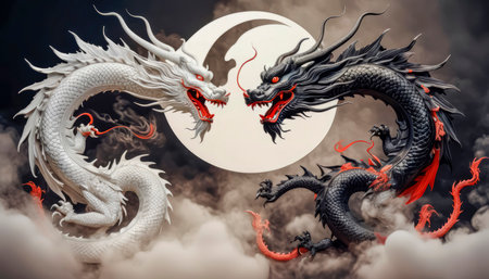 Dragons Yin and Yang, warriors of opposites. Two fantastic Chinese dragons. Year of the Dragon according to the eastern horoscope.の素材