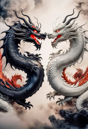 Dragons Yin and Yang, warriors of opposites. Two fantastic Chinese dragons. Year of the Dragon according to the eastern horoscope.の素材
