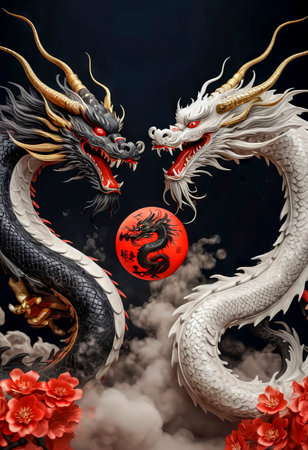Dragons Yin and Yang, warriors of opposites. Two fantastic Chinese dragons. Year of the Dragon according to the eastern horoscope.の素材