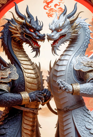 Dragons Yin and Yang, warriors of opposites. Two fantastic Chinese dragons. Year of the Dragon according to the eastern horoscope.の素材