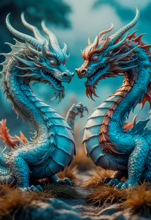 Dragons Yin and Yang, warriors of opposites. Two fantastic Chinese dragons. Year of the Dragon according to the eastern horoscope.の素材
