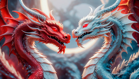 Dragons Yin and Yang, warriors of opposites. Two fantastic Chinese dragons. Year of the Dragon according to the eastern horoscope.の素材