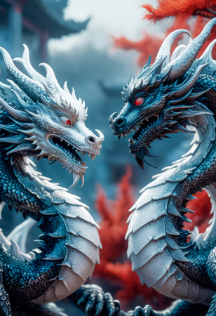 Dragons Yin and Yang, warriors of opposites. Two fantastic Chinese dragons. Year of the Dragon according to the eastern horoscope.の素材