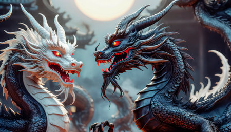 Dragons Yin and Yang, warriors of opposites. Two fantastic Chinese dragons. Year of the Dragon according to the eastern horoscope.の素材