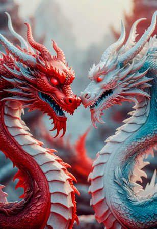Dragons Yin and Yang, warriors of opposites. Two fantastic Chinese dragons. Year of the Dragon according to the eastern horoscope.の素材