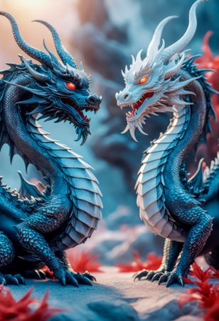 Dragons Yin and Yang, warriors of opposites. Two fantastic Chinese dragons. Year of the Dragon according to the eastern horoscope.の素材