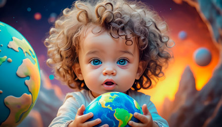 Planet Earth in the children's hands of a beautiful touching baby. The future is in the hands of the younger generation.の素材