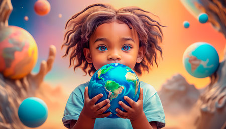 Planet Earth in the children's hands of a beautiful touching baby. The future is in the hands of the younger generation.の素材