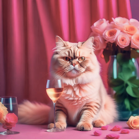 Gorgeous cat in a beautiful interior with a glass of wine. Romance and congratulations.の素材