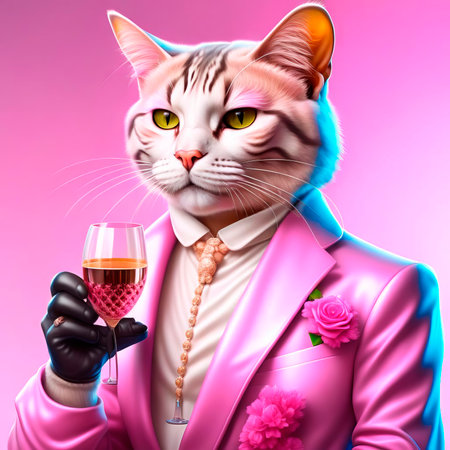 Gorgeous cat in a beautiful interior with a glass of wine. Romance and congratulations.の素材