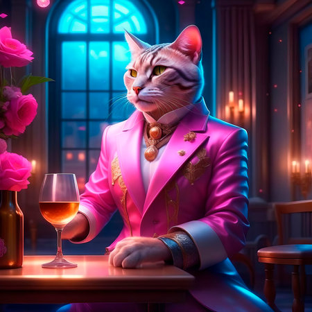 Gorgeous cat in a beautiful interior with a glass of wine. Romance and congratulations.の素材