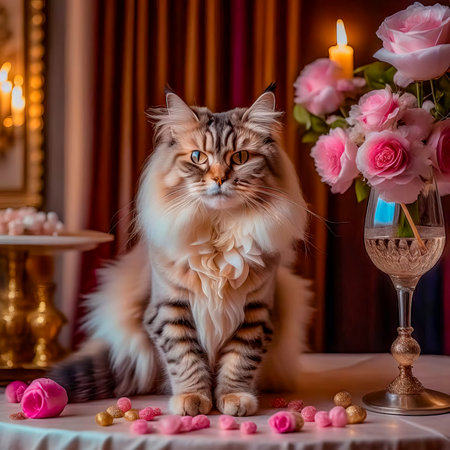 Gorgeous cat in a beautiful interior with a glass of wine. Romance and congratulations.の素材