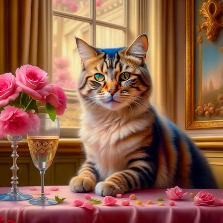 Gorgeous cat in a beautiful interior with a glass of wine. Romance and congratulations.の素材