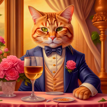 Gorgeous cat in a beautiful interior with a glass of wine. Romance and congratulations.の素材