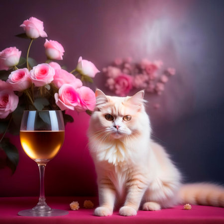 Gorgeous cat in a beautiful interior with a glass of wine. Romance and congratulations.の素材