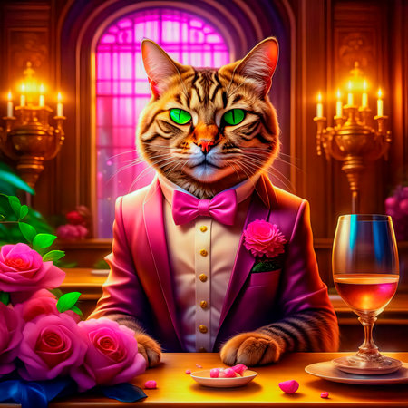 Gorgeous cat in a beautiful interior with a glass of wine. Romance and congratulations.の素材