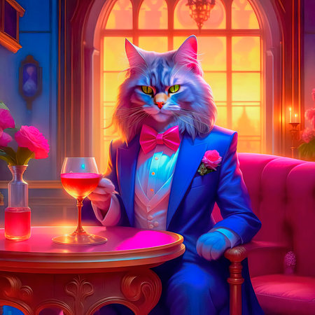 Gorgeous cat in a beautiful interior with a glass of wine. Romance and congratulations.の素材